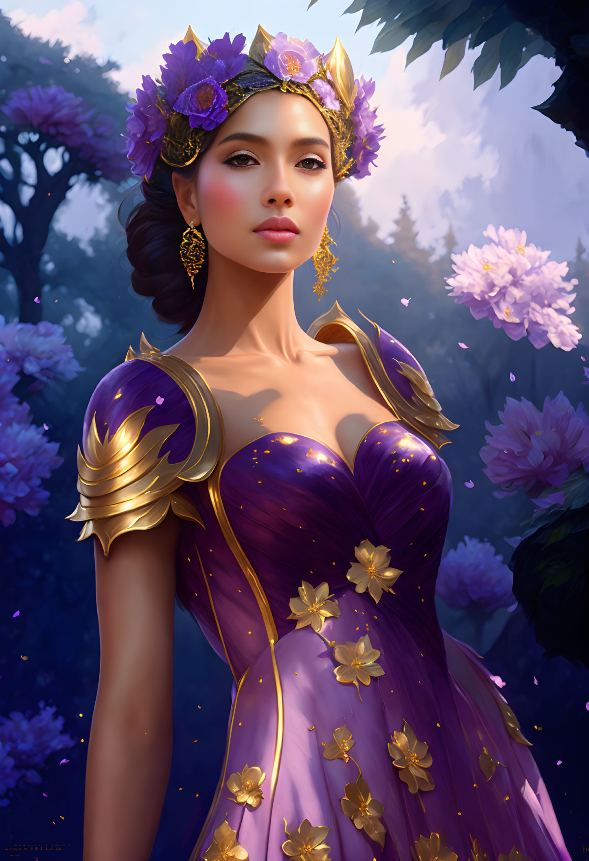 Regal female figure in golden armor with purple floral accents