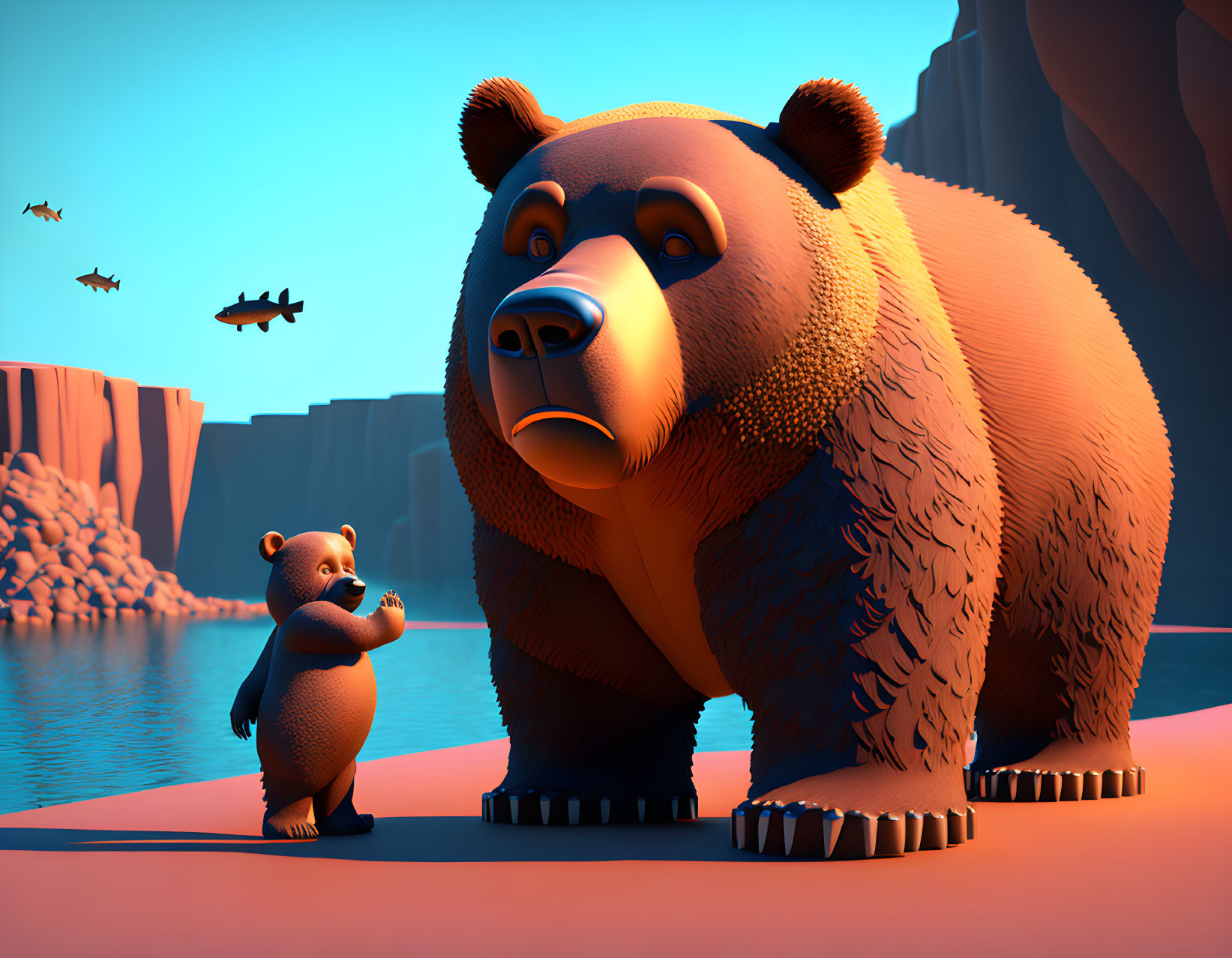 Large and small animated bears by water's edge with cliffs and flying birds in vivid scene