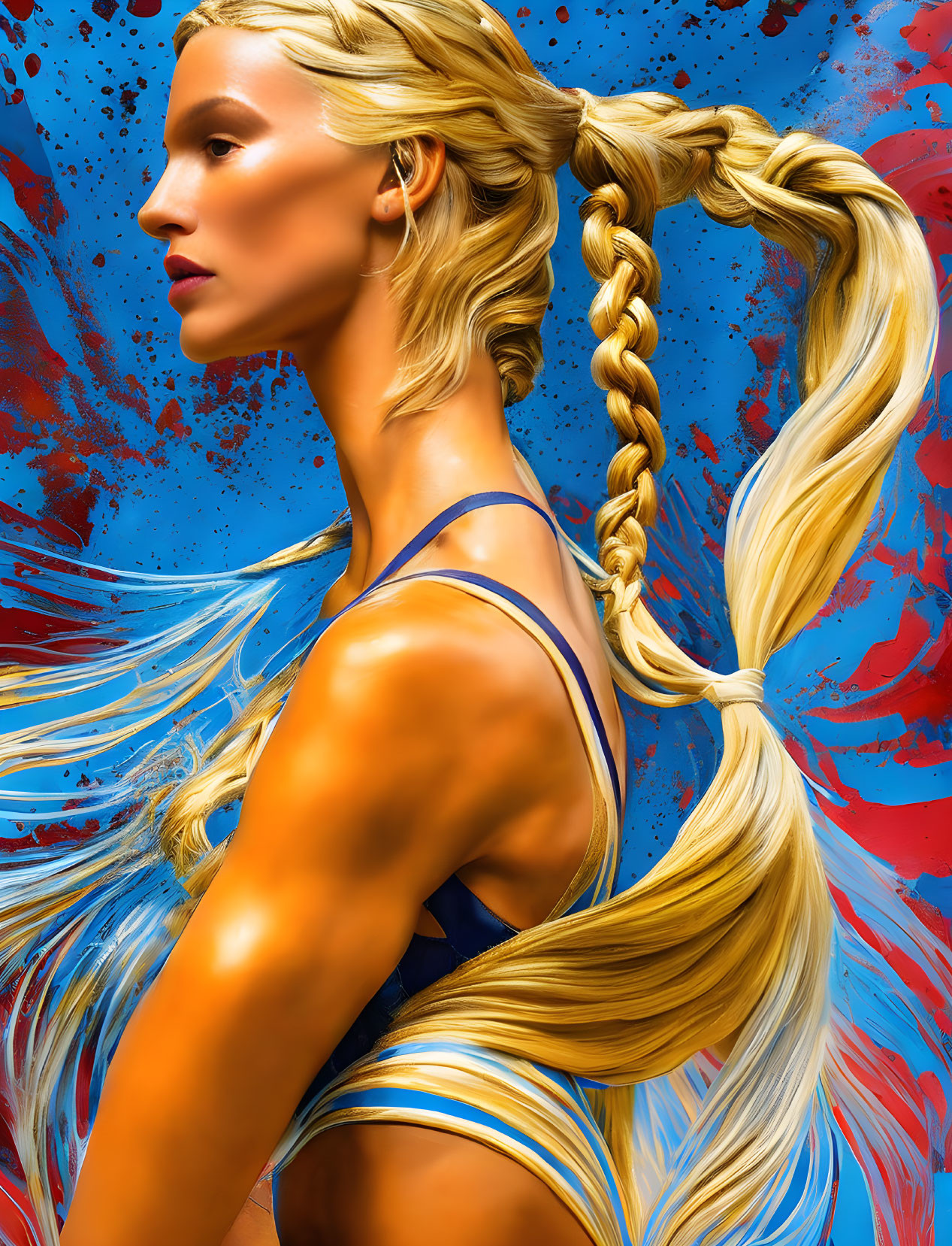 Profile View Woman with Golden Braid on Vibrant Blue Background