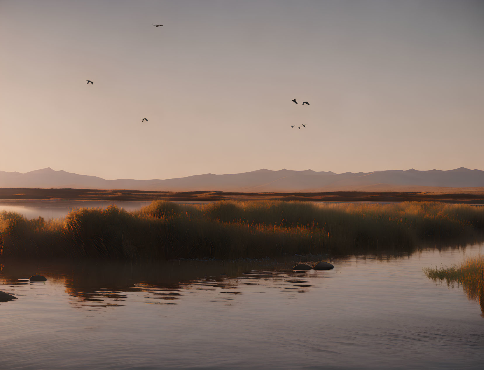 Tranquil lake sunset with reeds, birds, and distant mountains