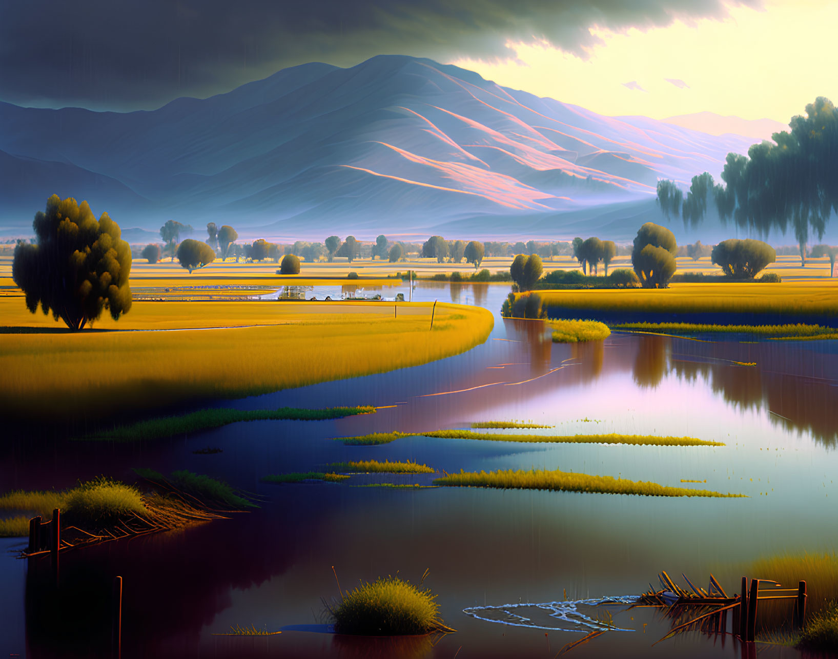 Golden sunset over serene landscape with rice fields, river, trees, and mountains