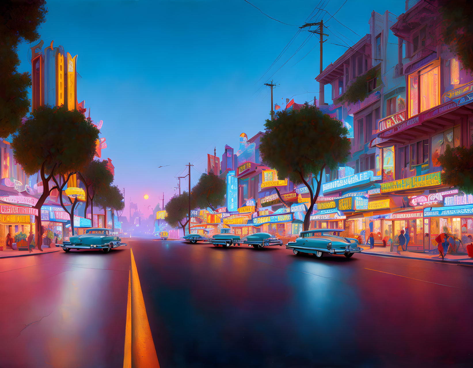 Neon-lit street scene with vintage cars and pedestrians at twilight