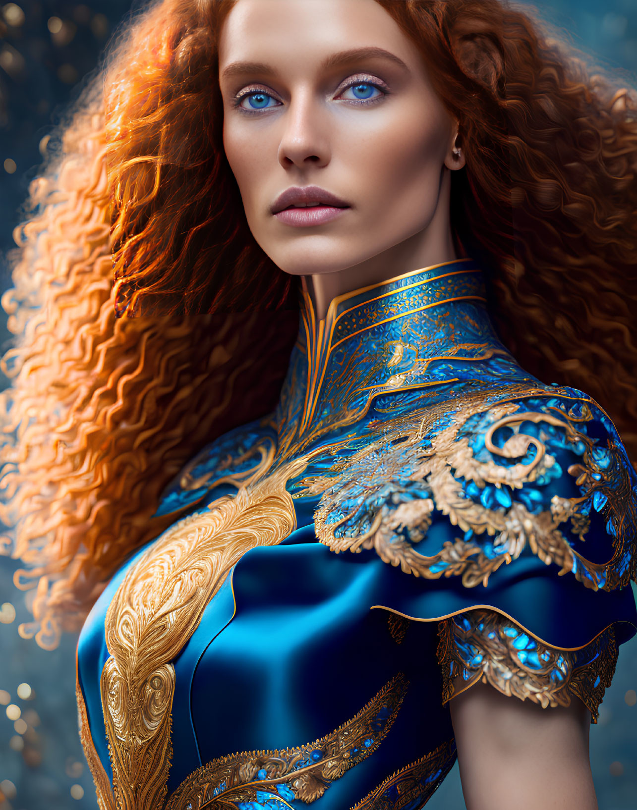 Vibrant red curly hair, blue eyes, ornate blue and gold outfit with intricate embroidery