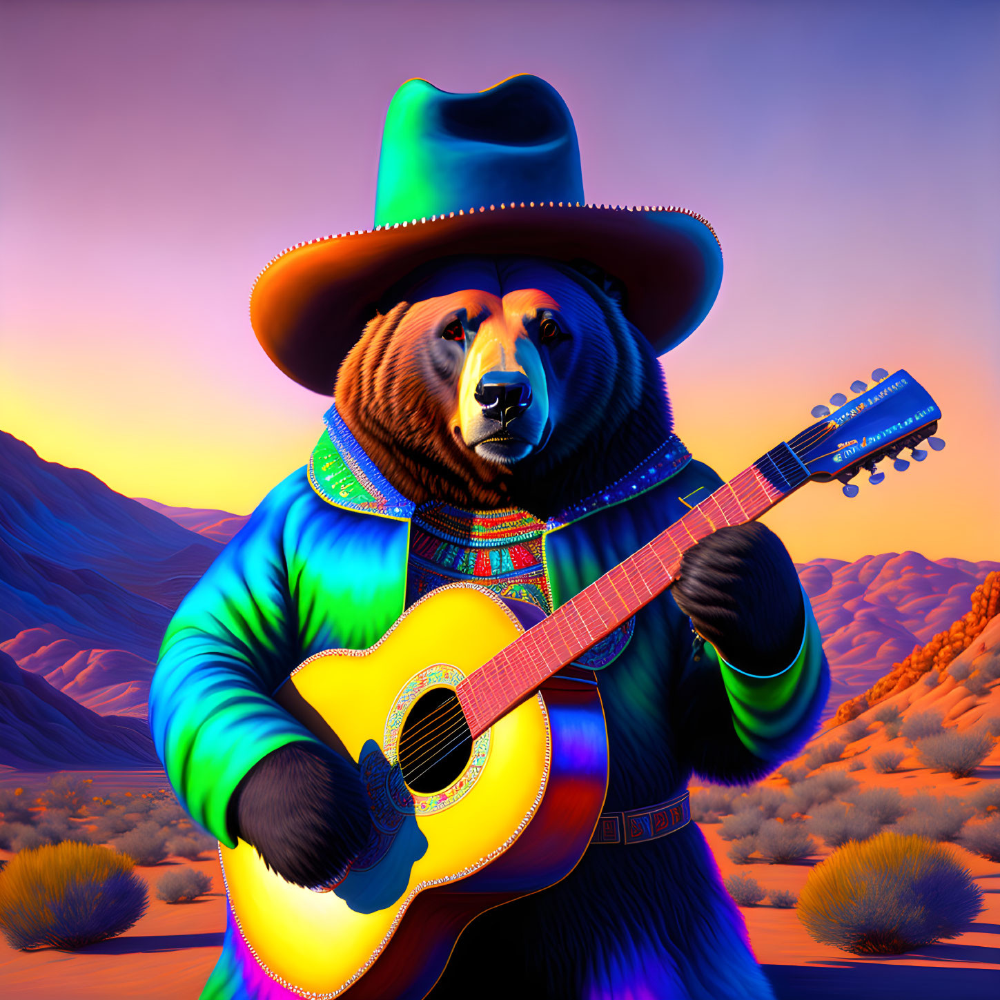 Colorful anthropomorphic bear plays guitar in desert with cacti and mountains.