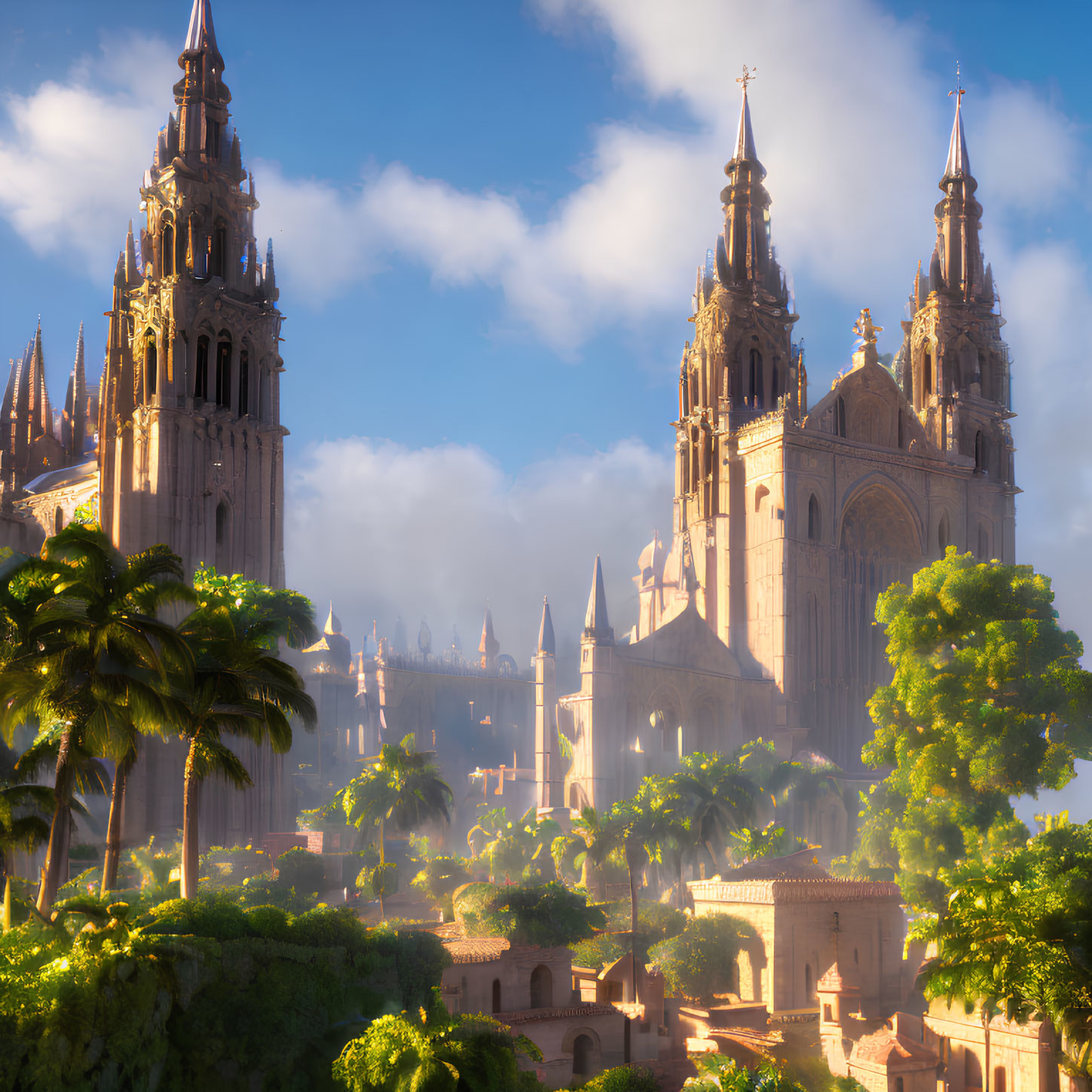 Twin-spired cathedral in tropical setting under warm sunlight