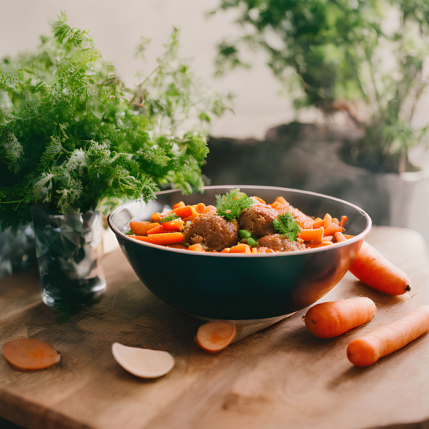 Meatballs and Carrots with Fresh Herbs on Wooden Surface