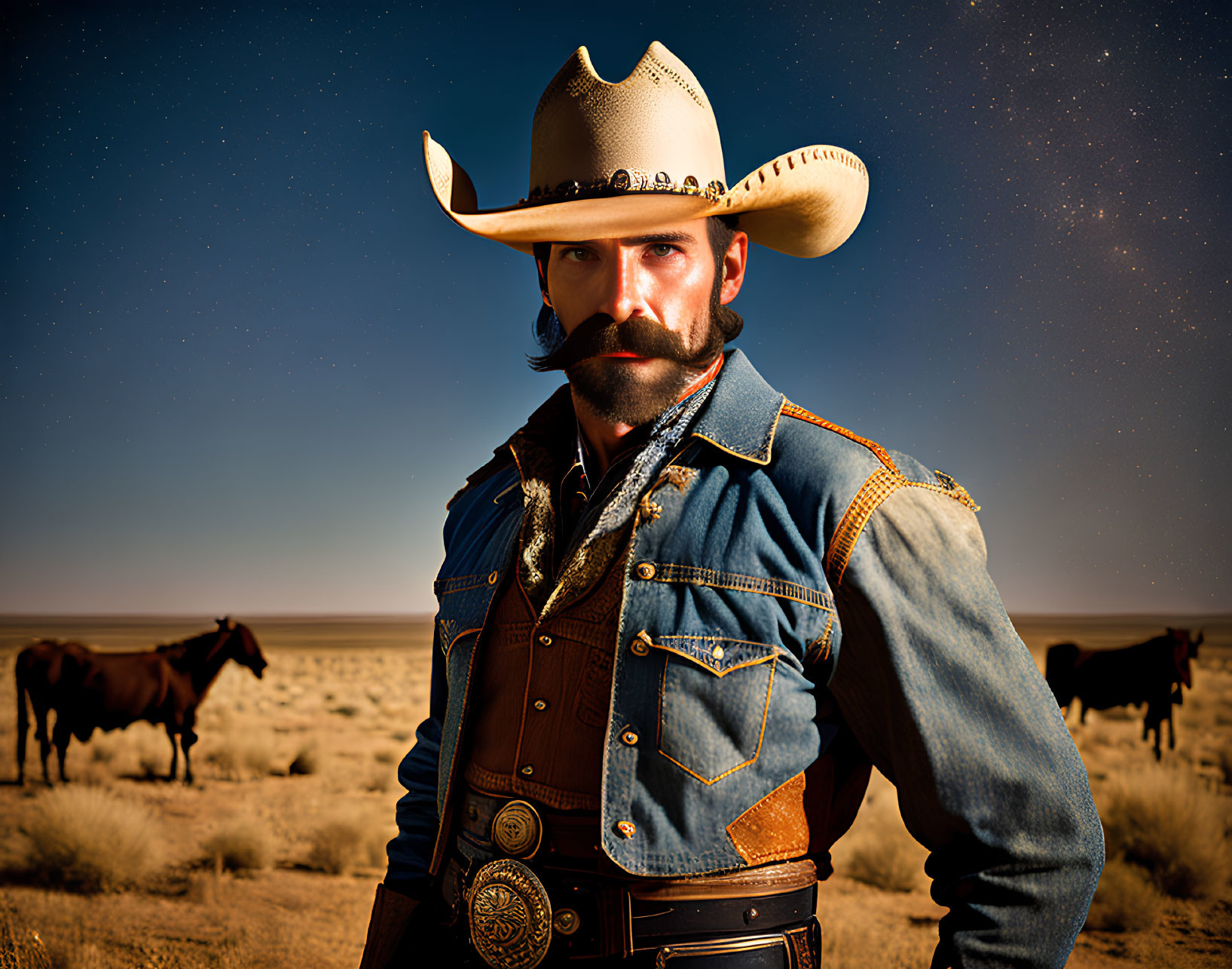 Cowboy with mustache in desert landscape with cattle under starry sky