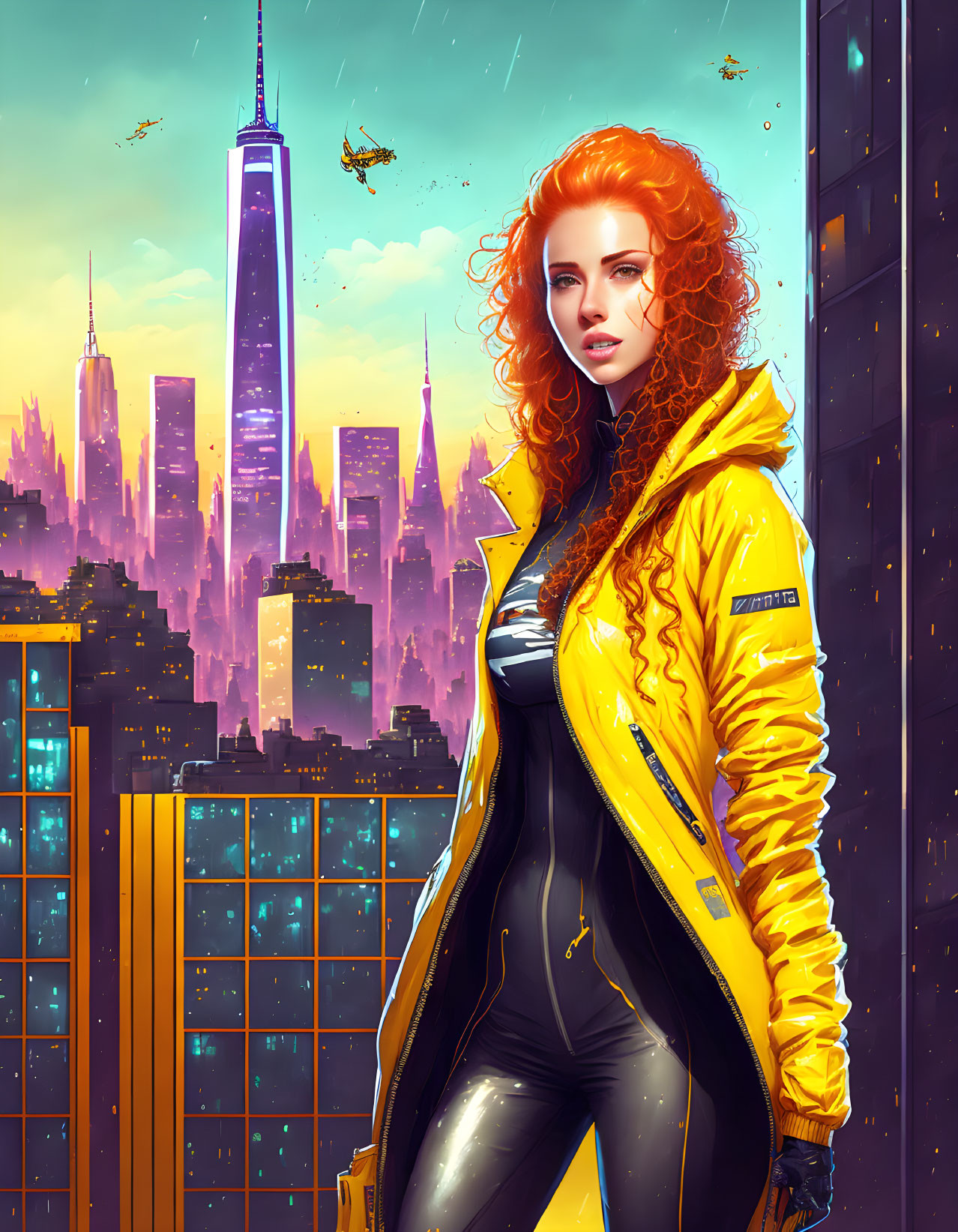 Illustration of woman with red curly hair in yellow jacket in futuristic cityscape