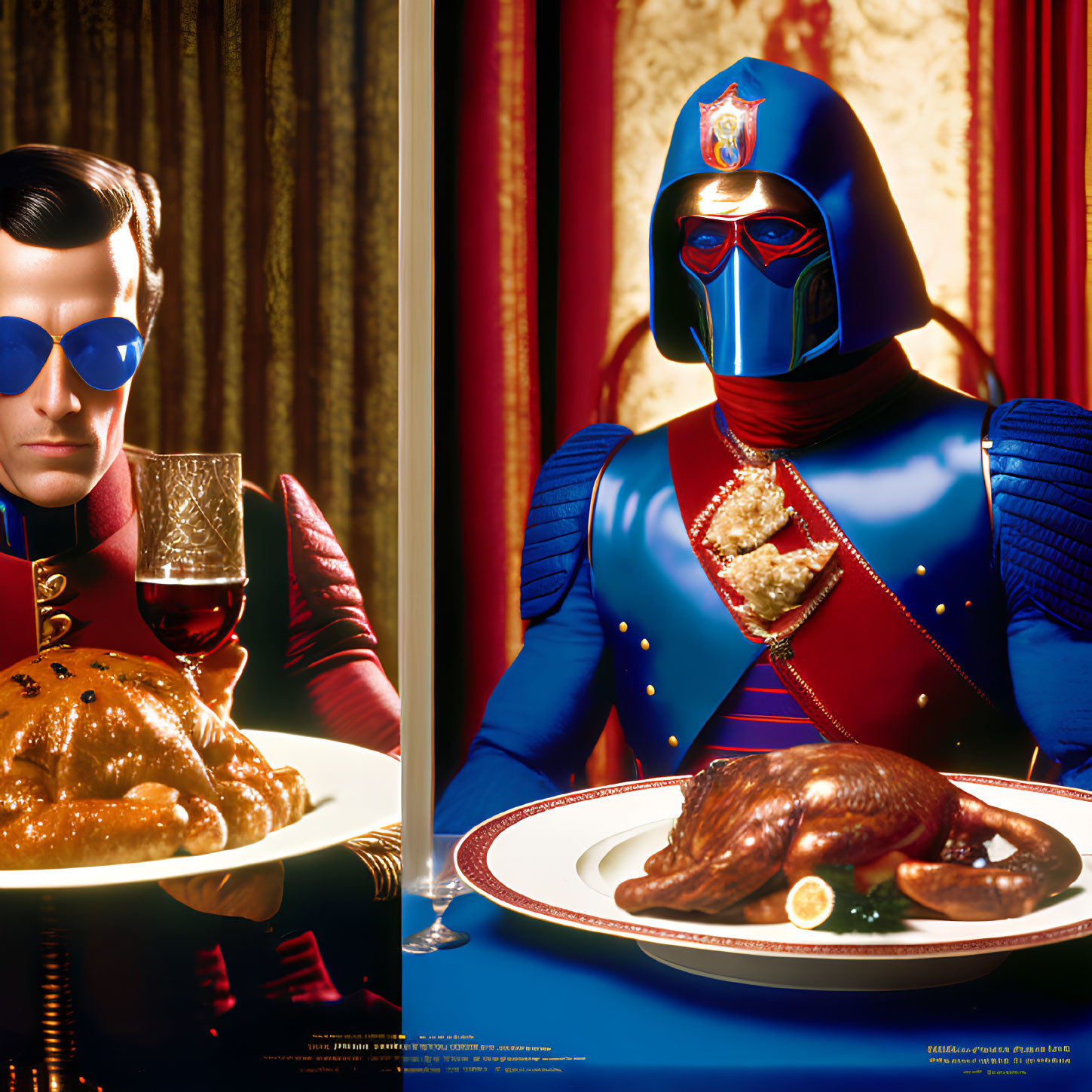 Stylized diptych: Suit figure with wine and chicken, superhero in vibrant outfit with chicken