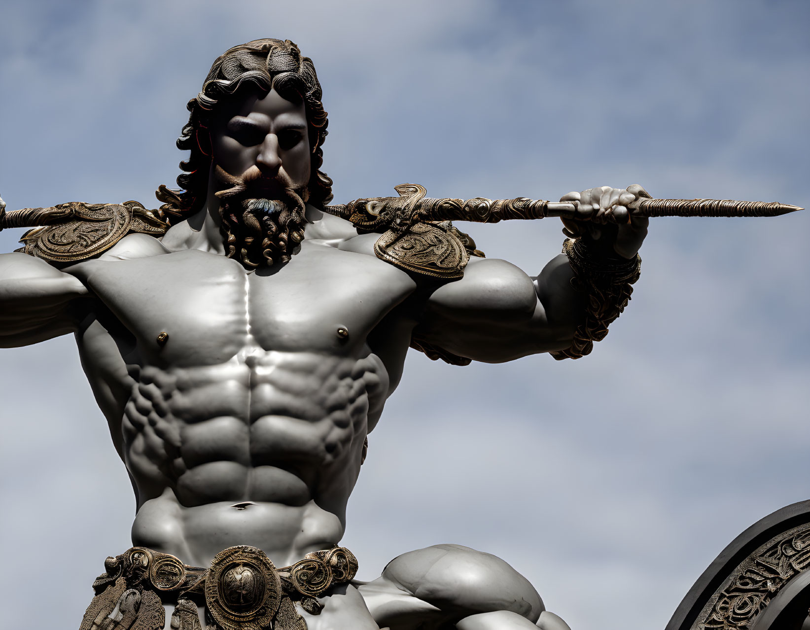 Detailed Bronze Warrior Statue with Spear and Armor Against Cloudy Sky