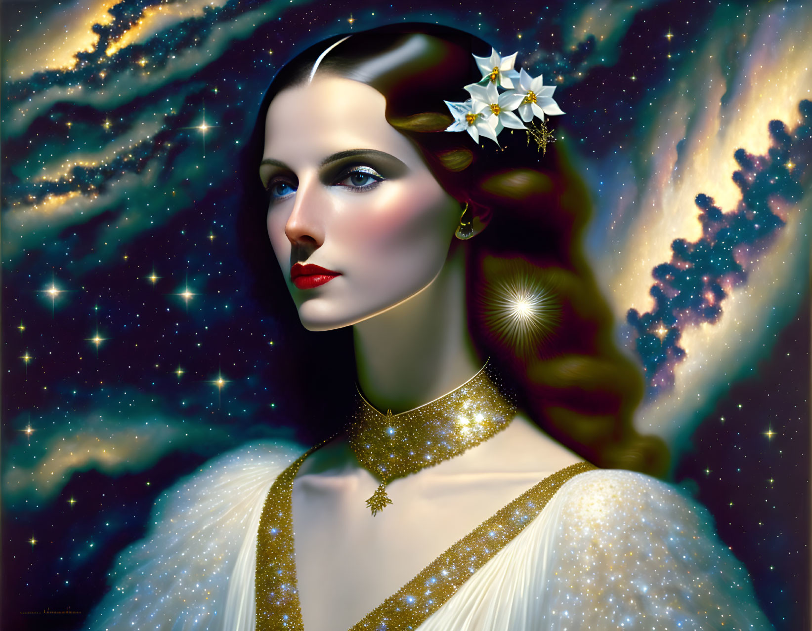 Cosmic-themed woman with luminescent skin and galaxy dress