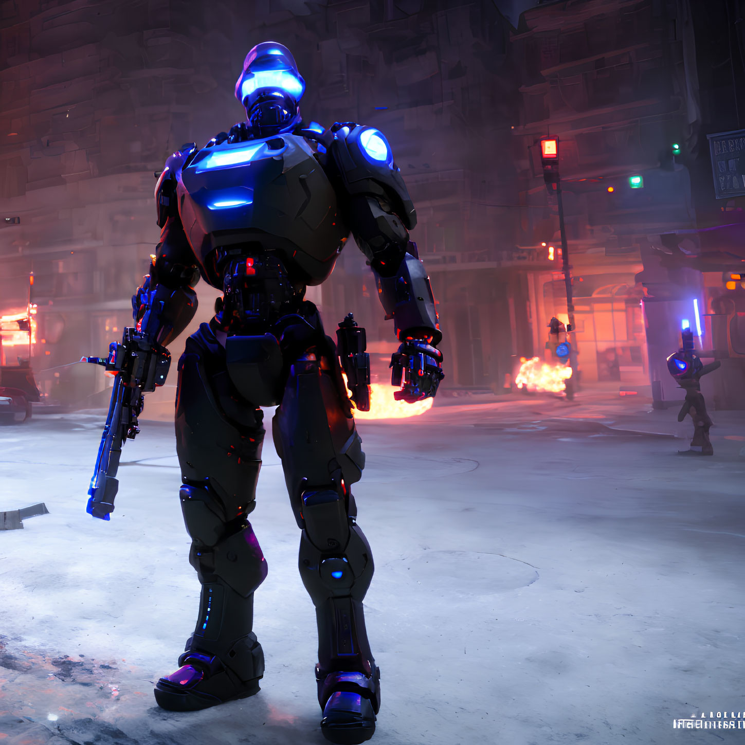 Futuristic robot with blue luminous elements in desolate urban setting