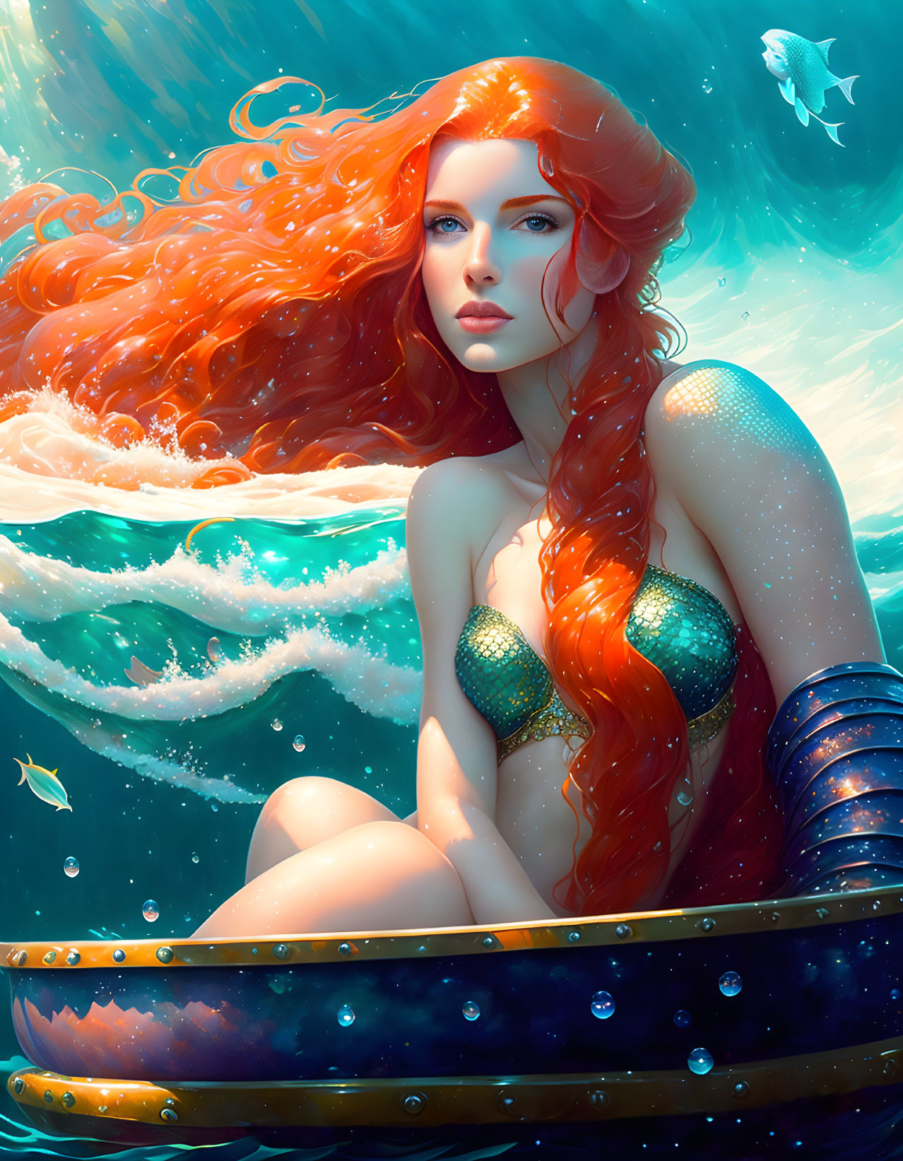 Colorful Mermaid Illustration with Red Hair and Green Scales in Turquoise Sea