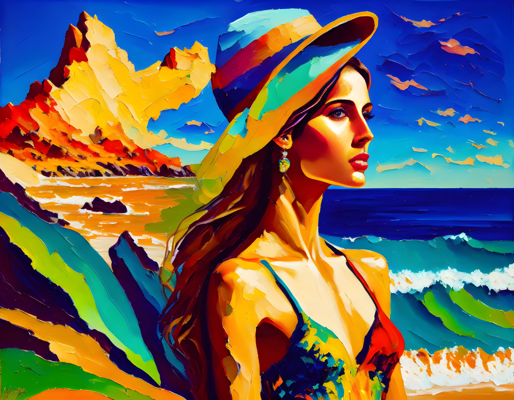 Vibrant seascape painting of a woman in a hat by the shore