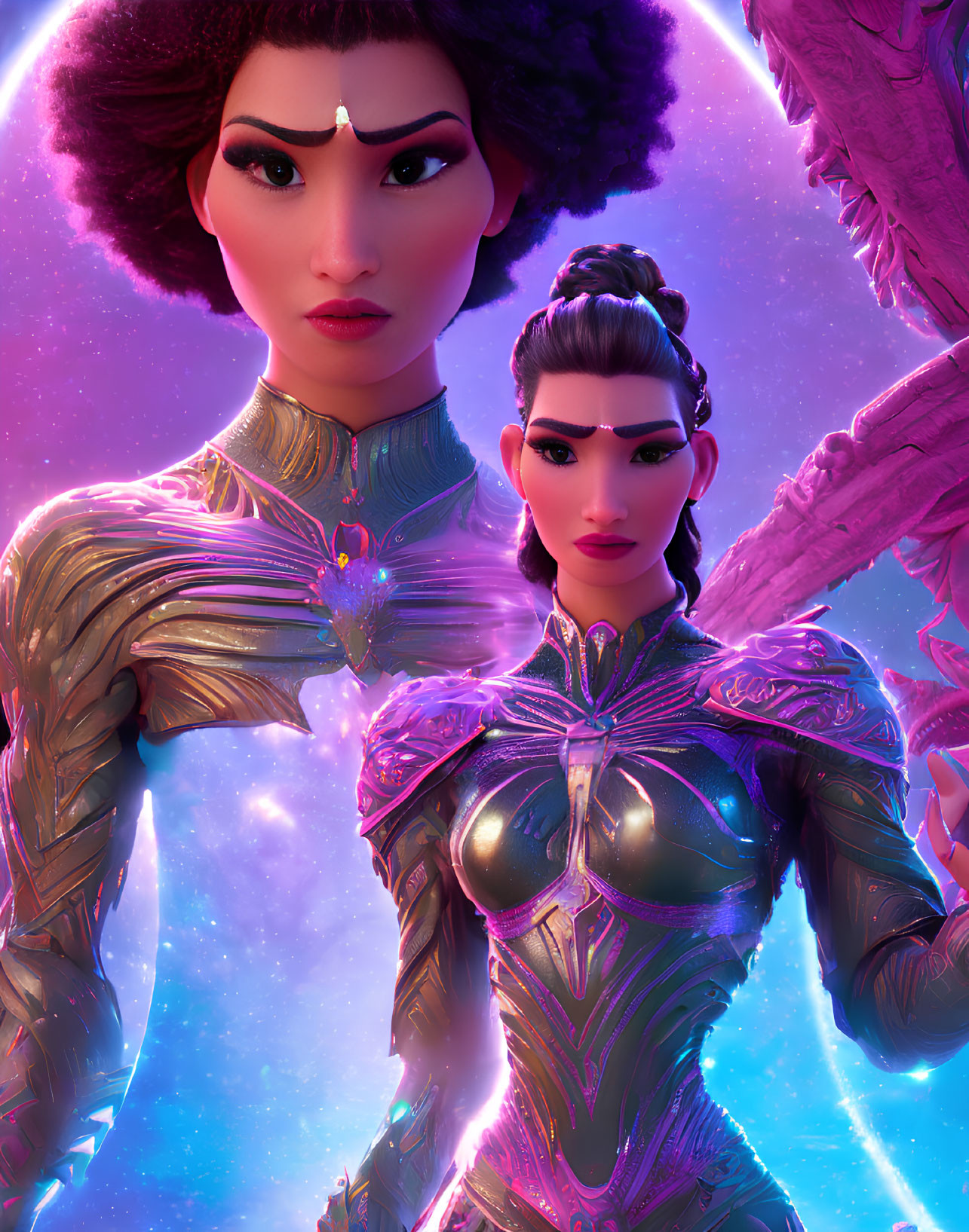 Two female warriors in intricate armor against a cosmic pink backdrop