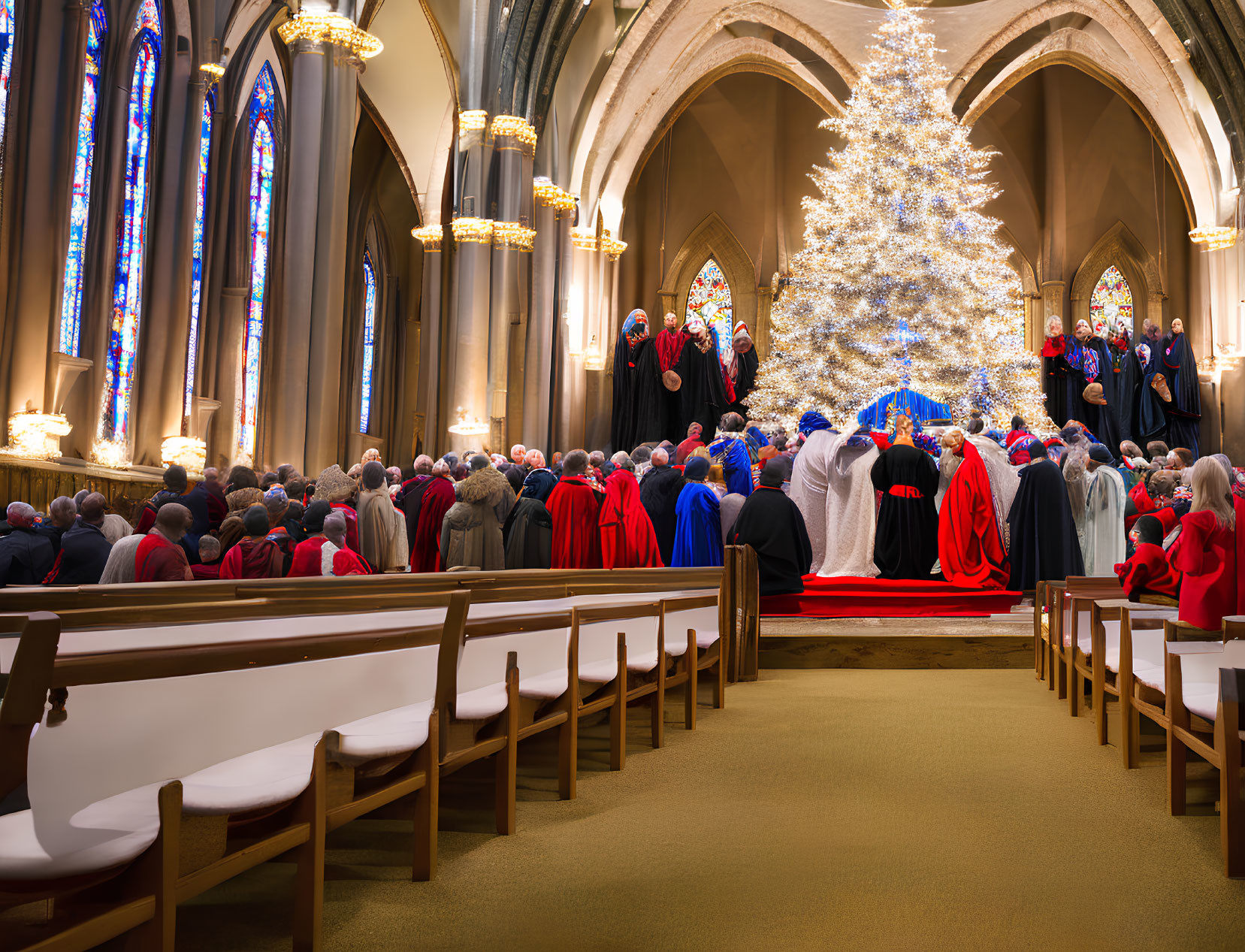 Congregation in church with stained glass windows and Christmas tree.