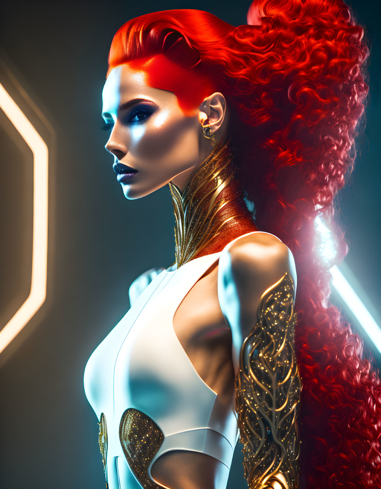 Digital Art: Woman with Red Hair, Golden Tattoos, Futuristic Outfit on Neon Background