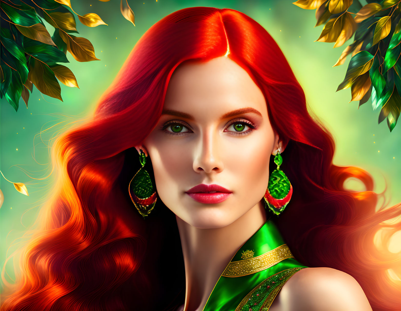 Digital art portrait of woman with red hair, green eyes, earrings, against green background with golden leaves