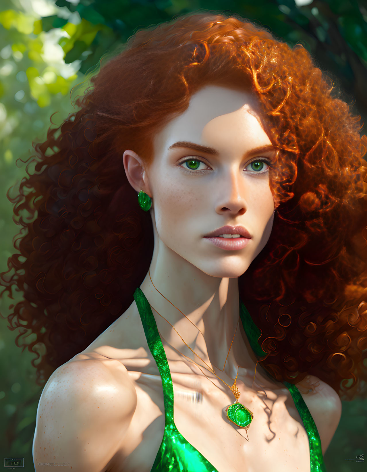 Portrait of Woman with Curly Red Hair and Green Dress in Nature Setting