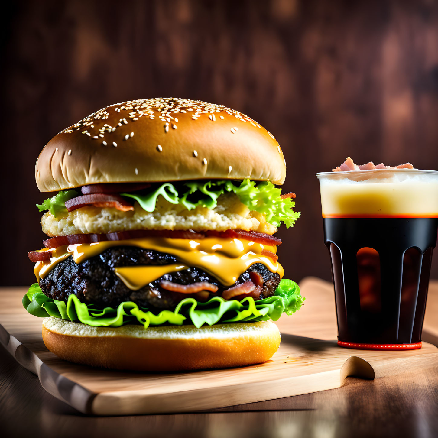 Double Cheeseburger with Bacon, Lettuce, and Sauce on Sesame Bun with Dark Beer