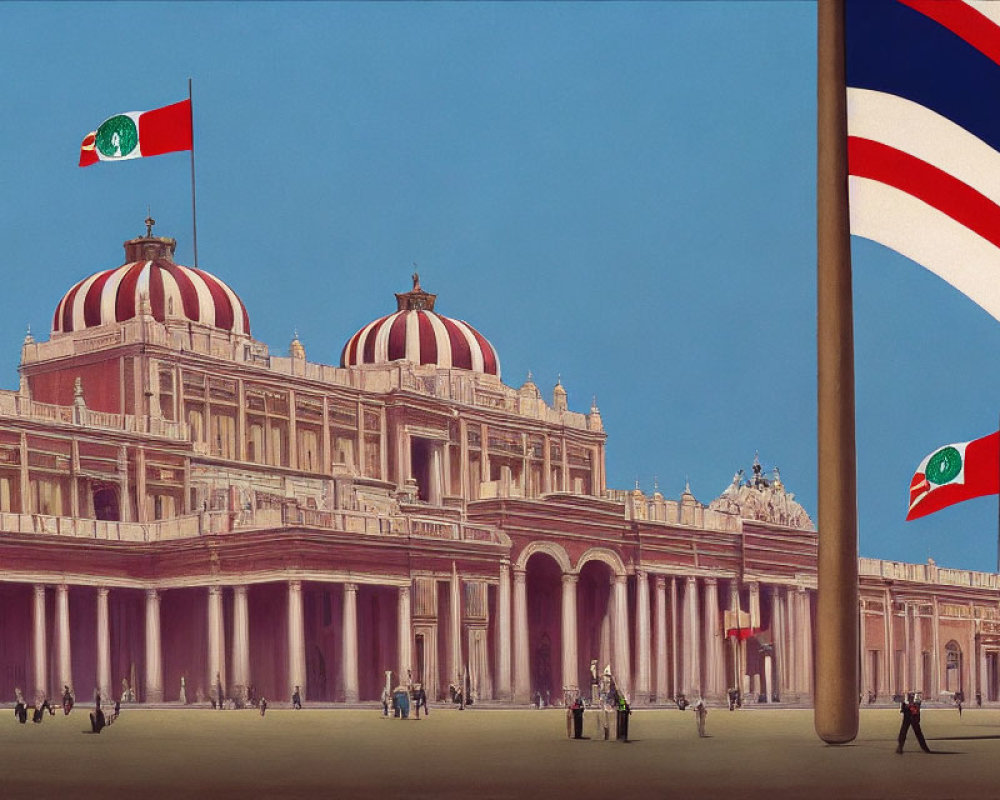 Historic building with red and white domes and flags, people walking under clear sky