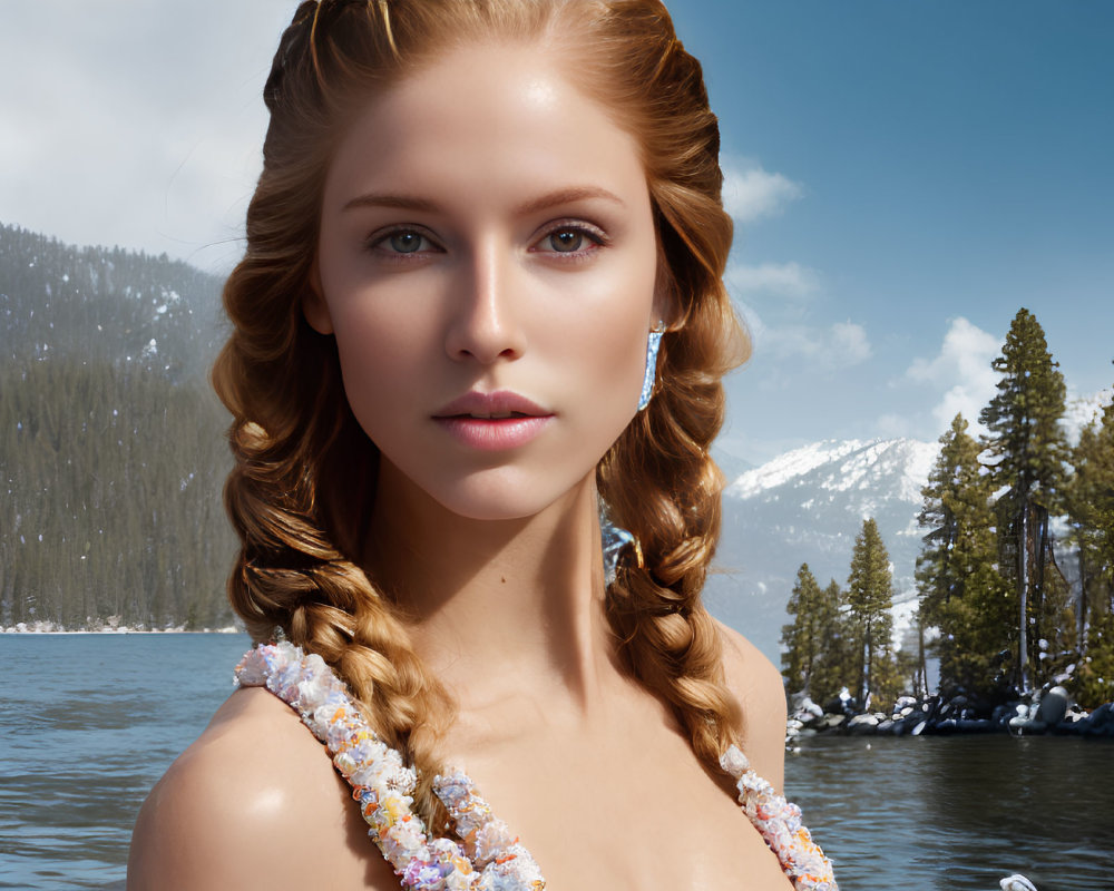 Woman with Braided Hair in Sequined Attire Against Snowy Mountain Landscape