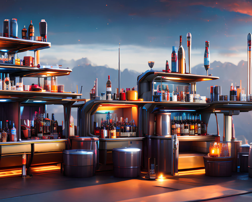 Neon-lit multi-level bar with high-tech equipment at dusk