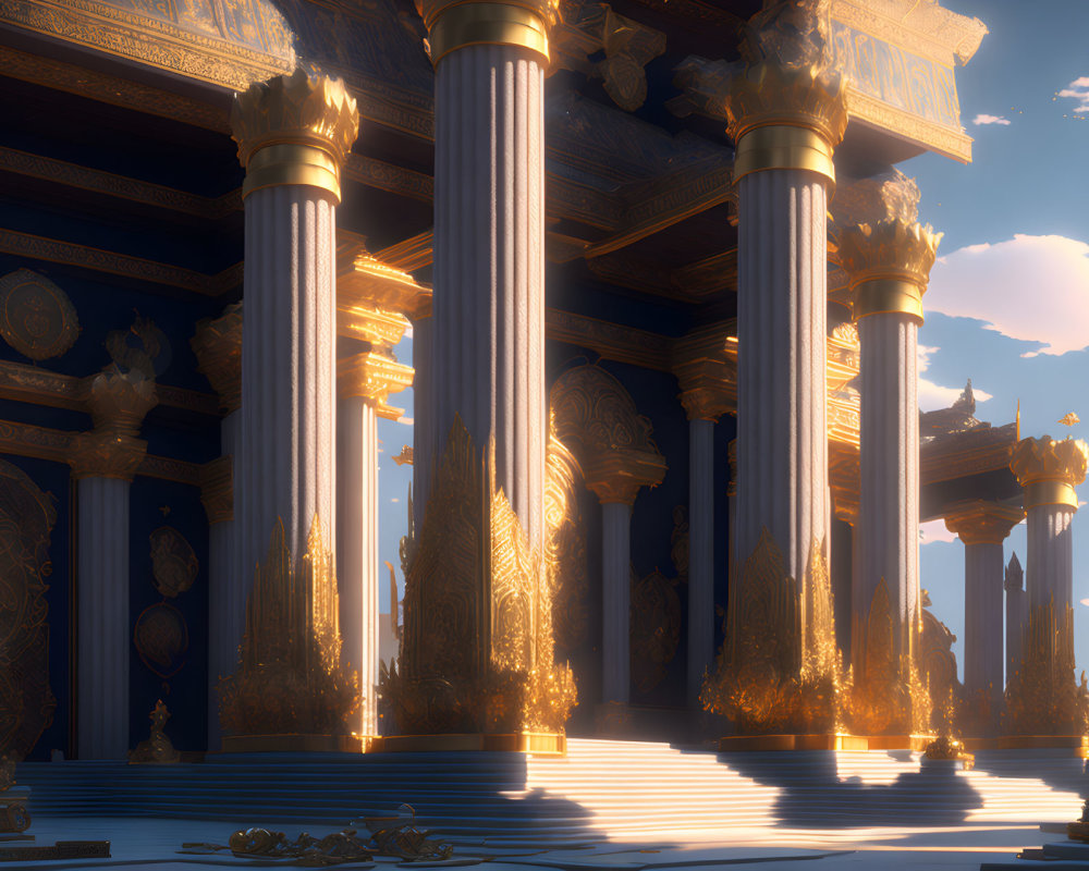 Ornate golden columns in grand hall at sunset