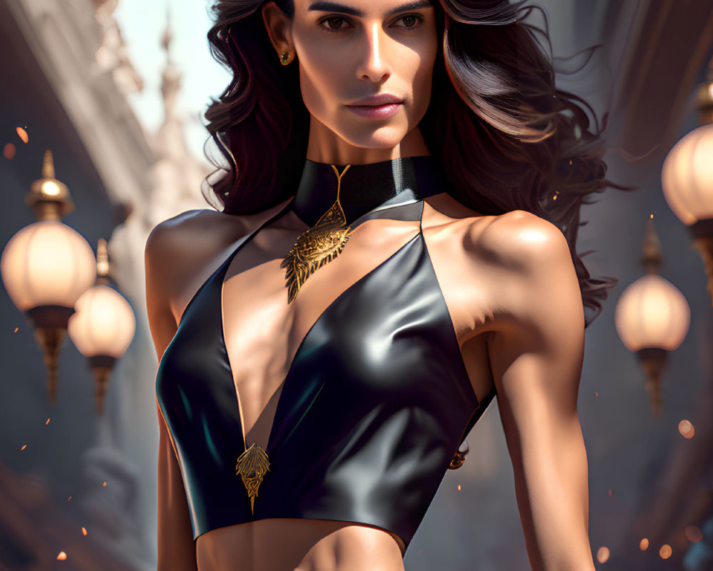 Long-haired woman in black and gold halter top in Arabian fantasy scene