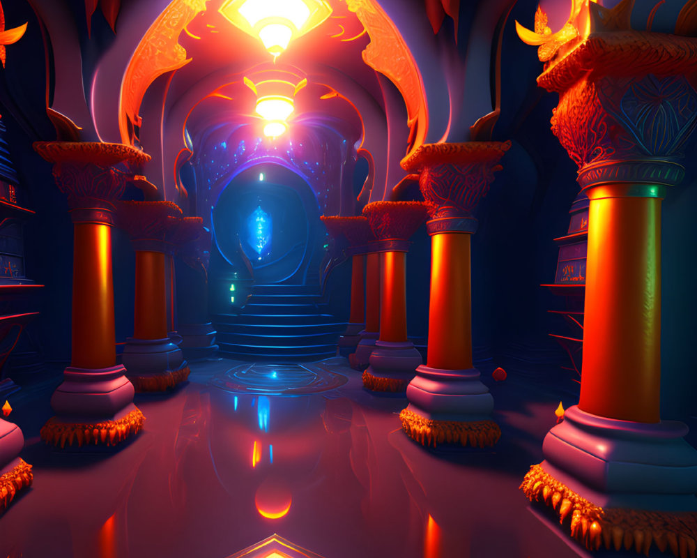 Mystical chamber with red-orange pillars and glowing orb