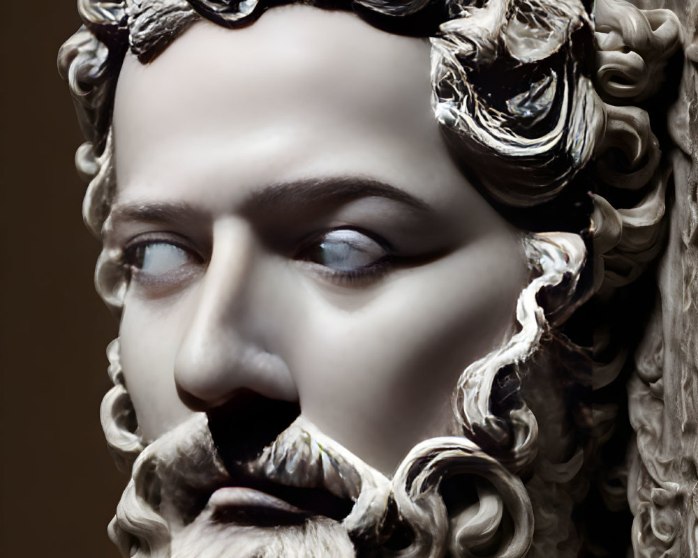 Detailed Marble Bust of Bearded Male Figure with Wavy Hair