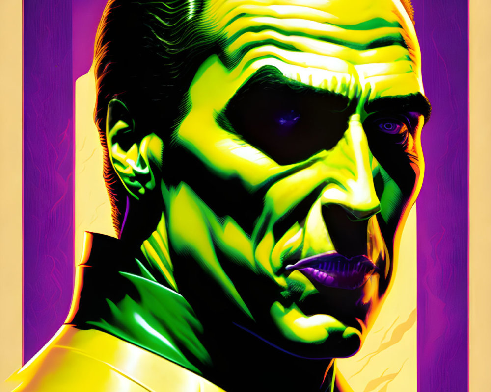 Colorful stylized male portrait with exaggerated contrasts in purple, yellow, and green.