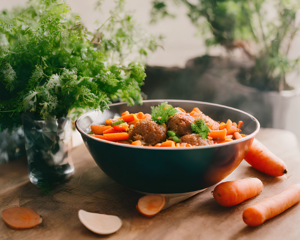 Meatballs and Carrots with Fresh Herbs on Wooden Surface