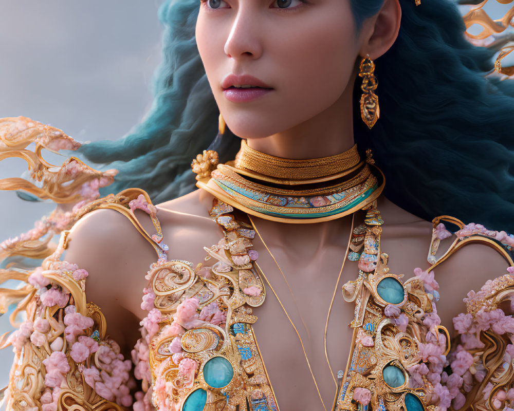 Regal woman with blue hair in ornate gold crown and jewelry against soft sky backdrop