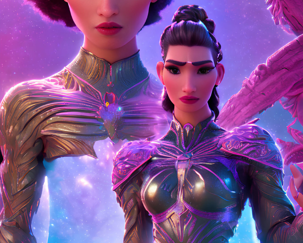 Two female warriors in intricate armor against a cosmic pink backdrop