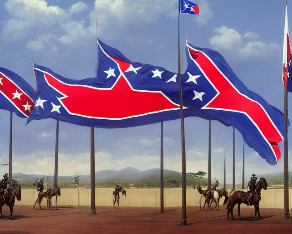 Digitally altered image of oversized Confederate battle flags and Civil War-era cavalrymen.