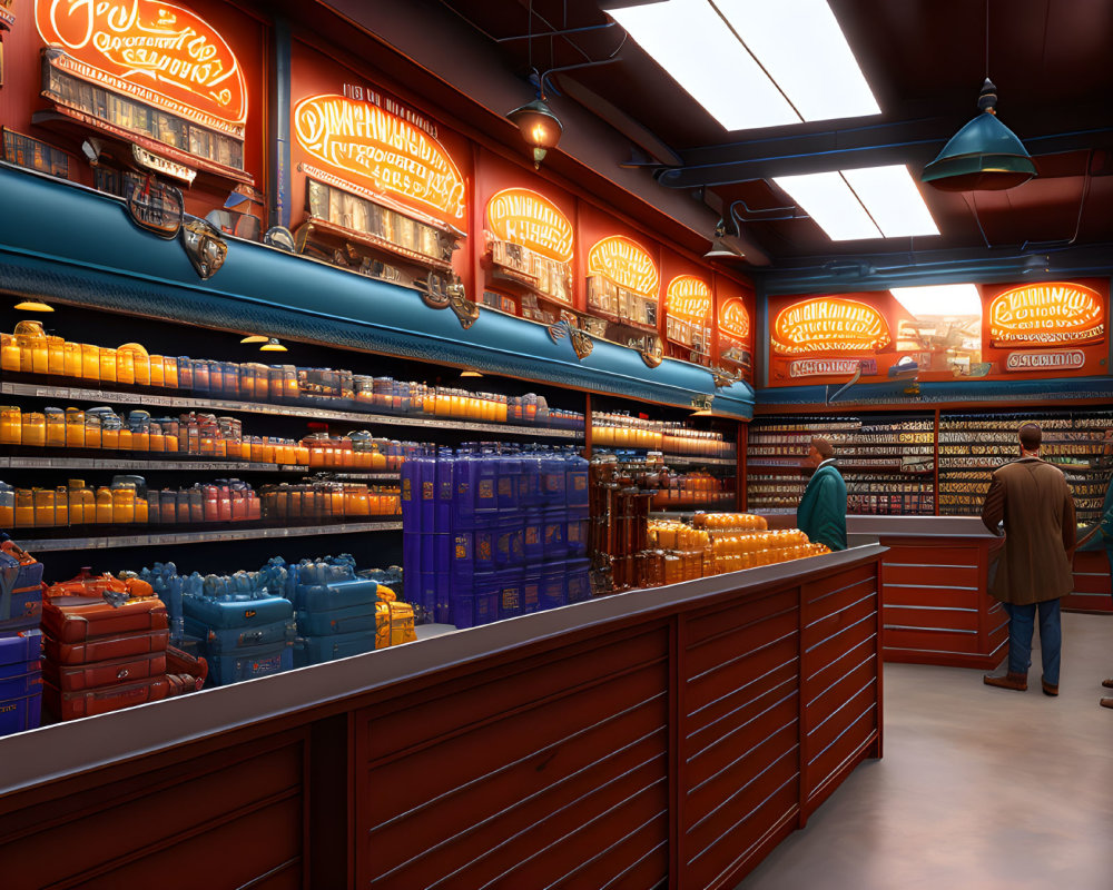 Colorful candy store interior with stocked shelves, browsing customers, and vintage decor.