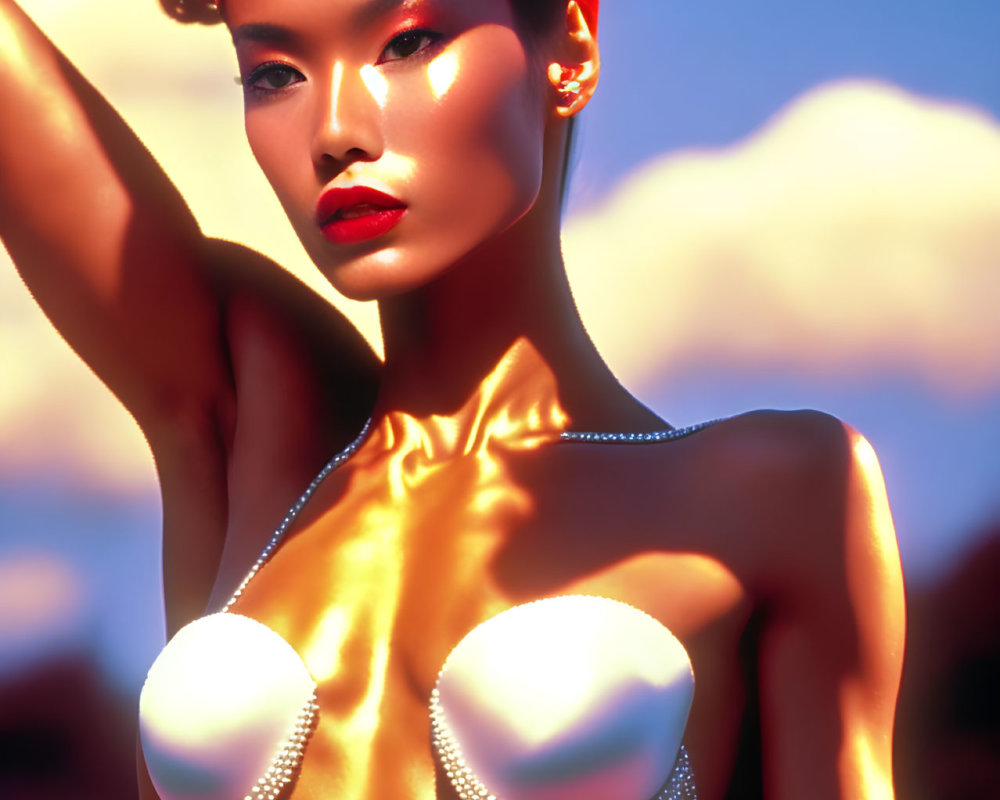 Portrait of model with sculpted red hair, golden attire, pearl adornments, dramatic sky