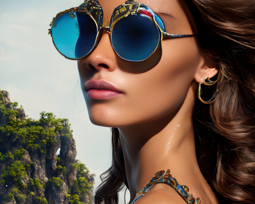 Woman modeling sunglasses with tropical seascape reflection and wavy hair.