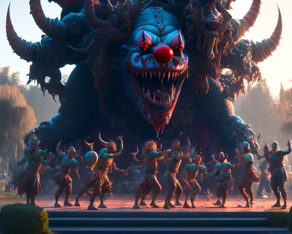 Clown-faced beast looms over creatures in dusk scene