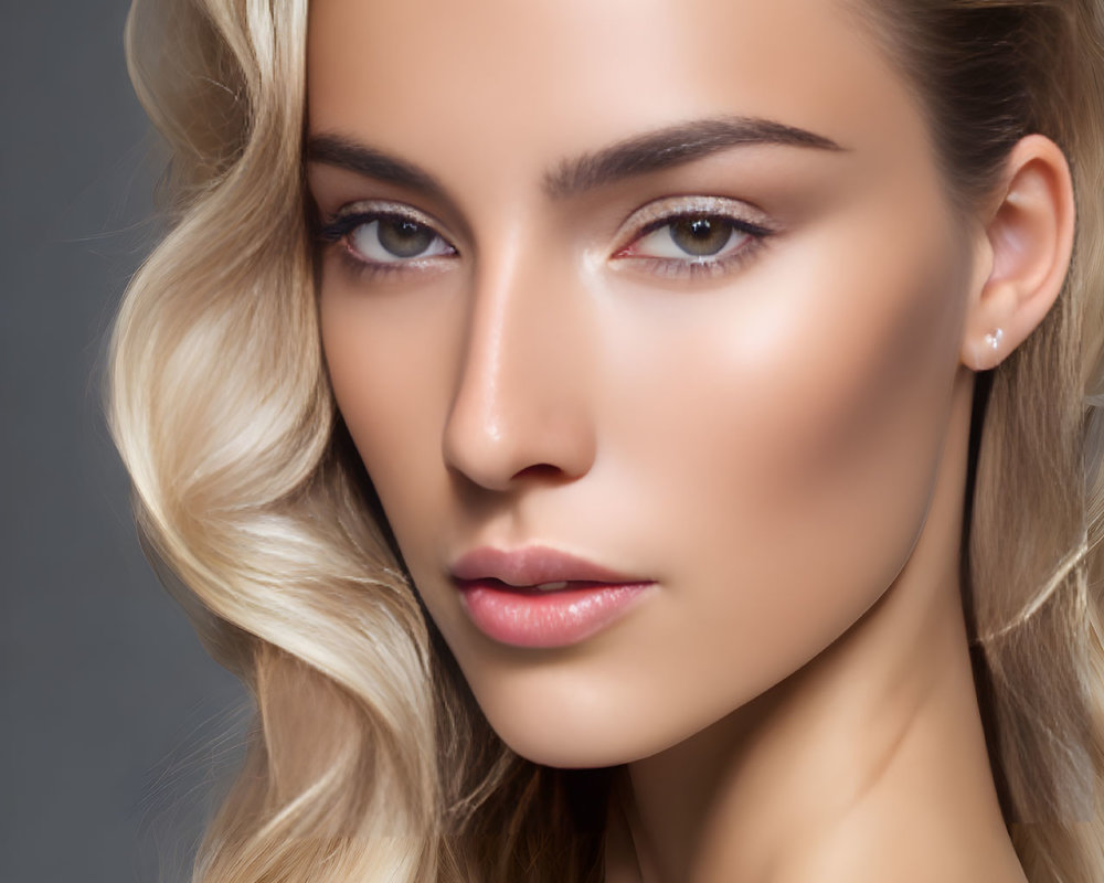 Portrait of person with wavy blond hair and makeup on gray background