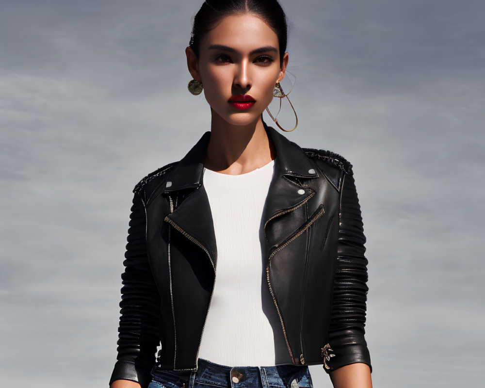 Confident woman in white top, leather jacket, jeans, and hoop earrings against cloudy sky