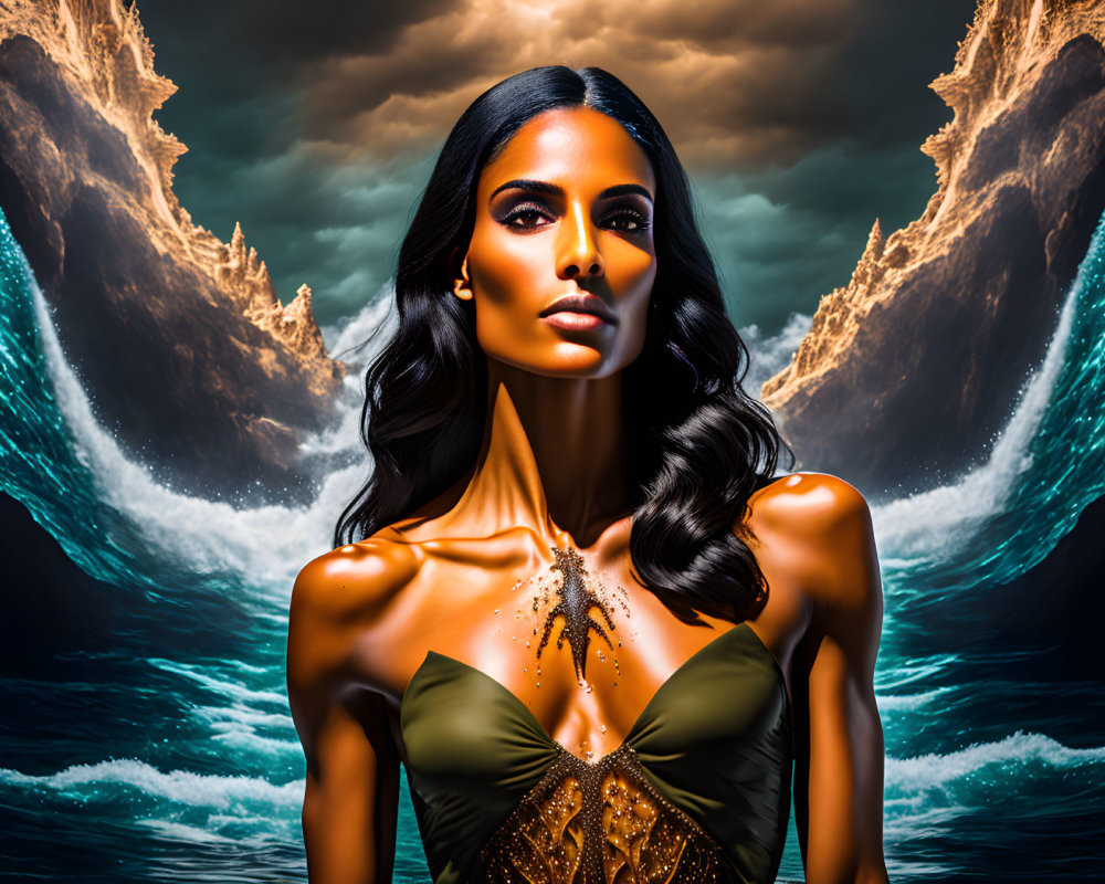 Portrait of woman with glossy hair and golden body art against dramatic ocean backdrop