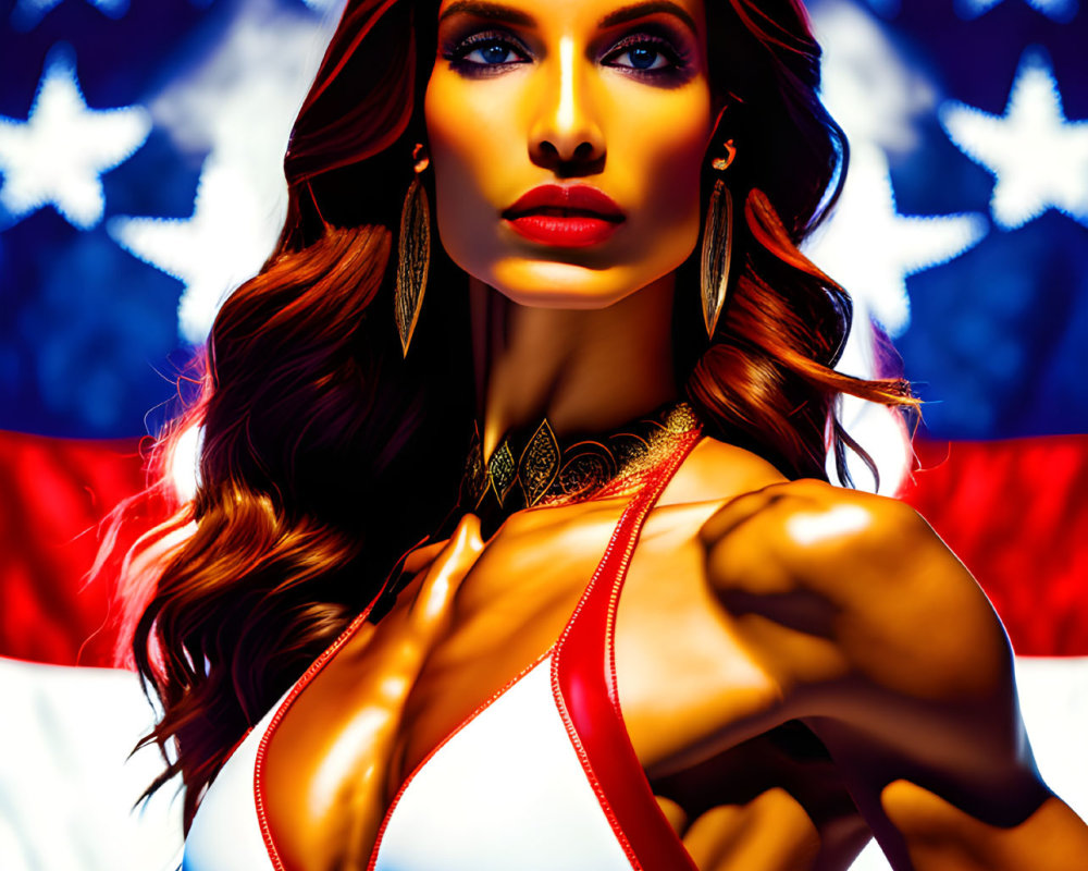 Stylized portrait of woman with flowing hair in patriotic attire