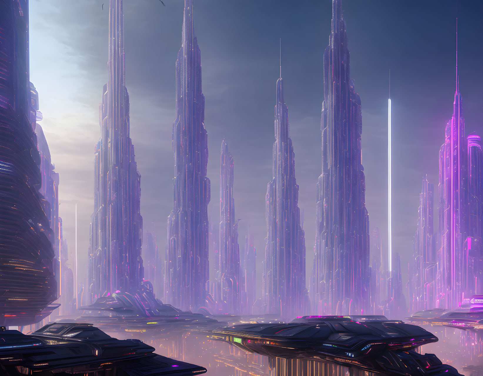 Futuristic cityscape with towering skyscrapers and flying vehicles in purple and pink hues