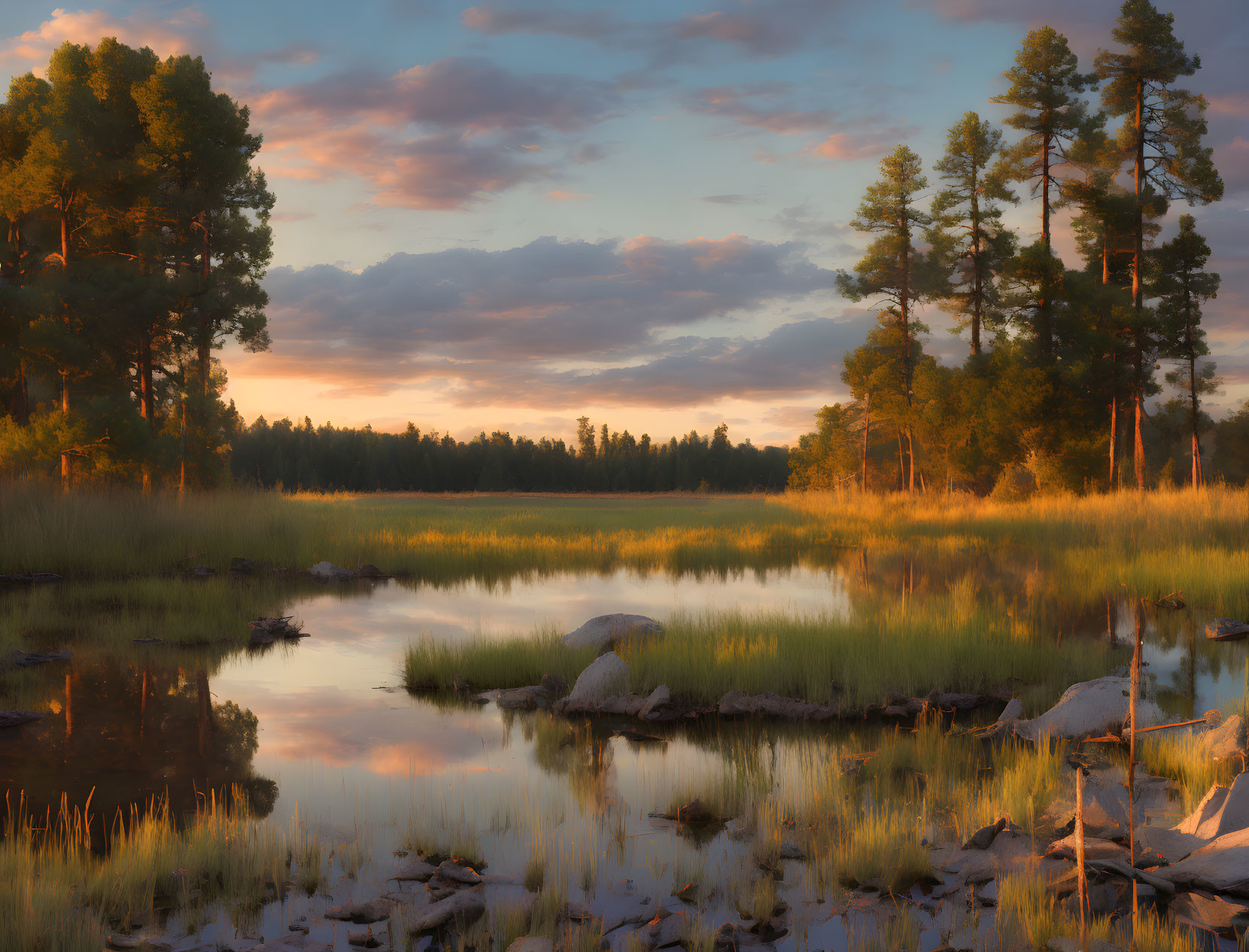 Tranquil sunset scene over marsh with reflective water and sunlit trees