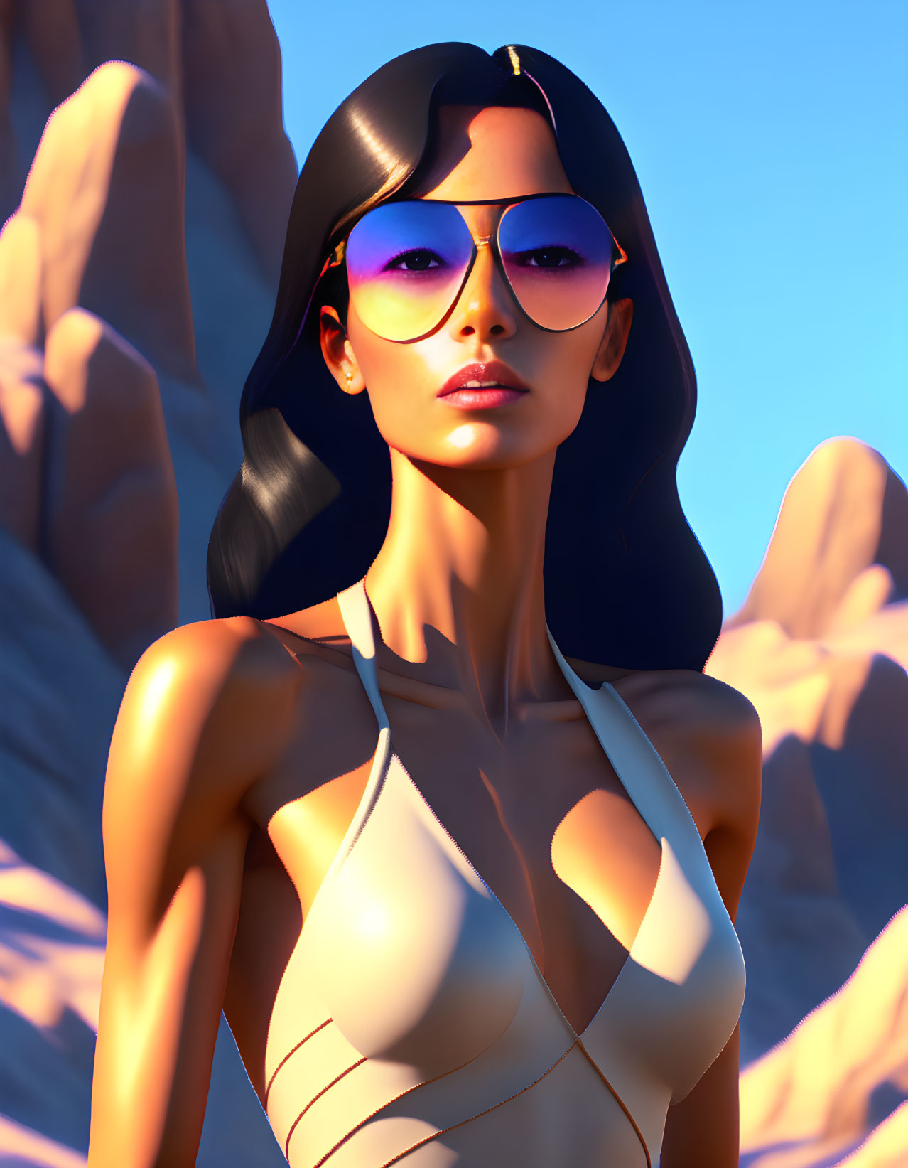 Stylized 3D animated female character with dark hair in sunglasses against rock formations