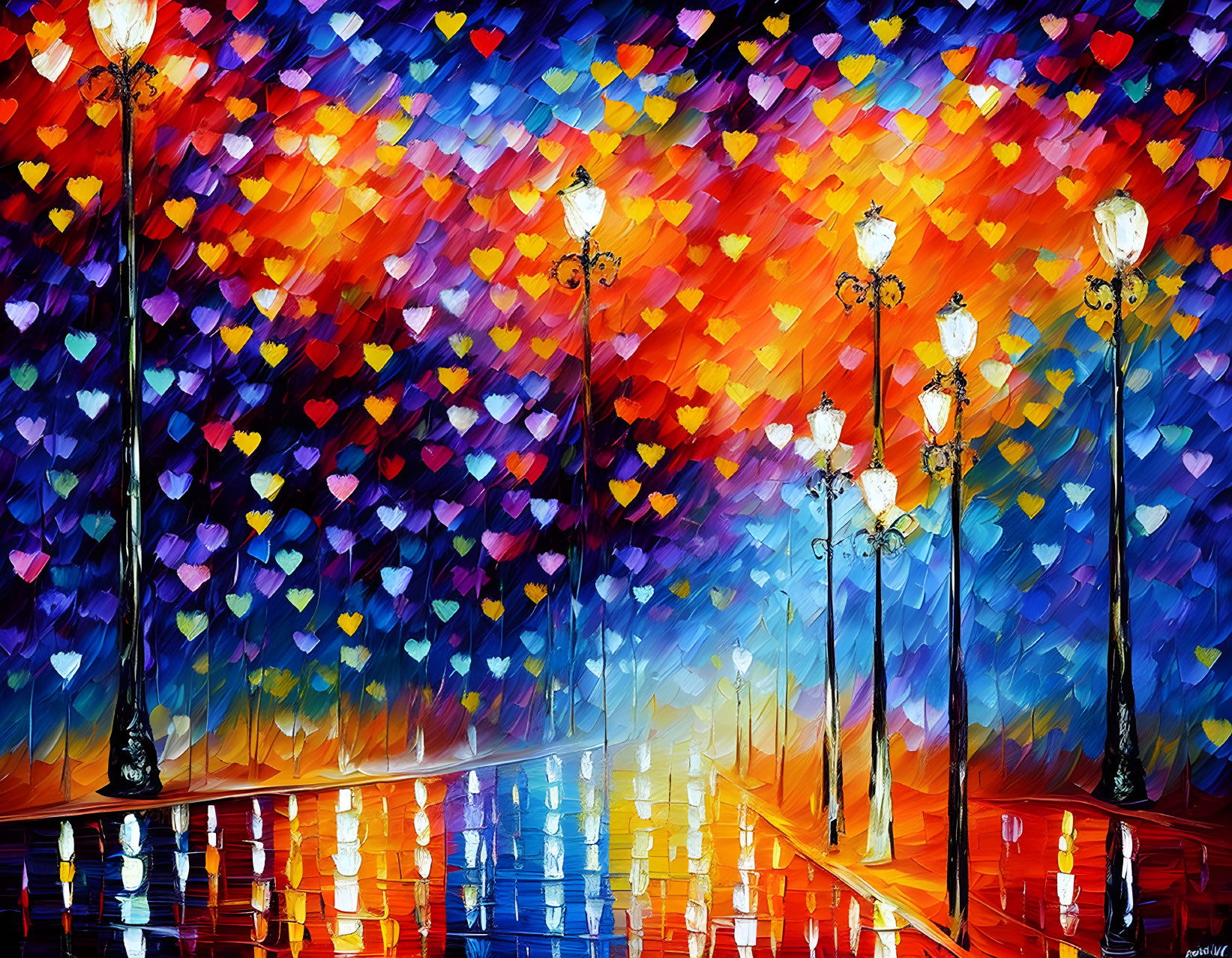 Colorful Rainy Street Scene with Heart-shaped Leaves and Street Lamps