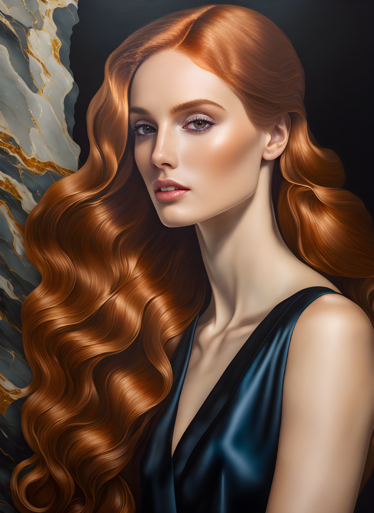 Digital portrait of woman with auburn hair in blue satin dress on marble background