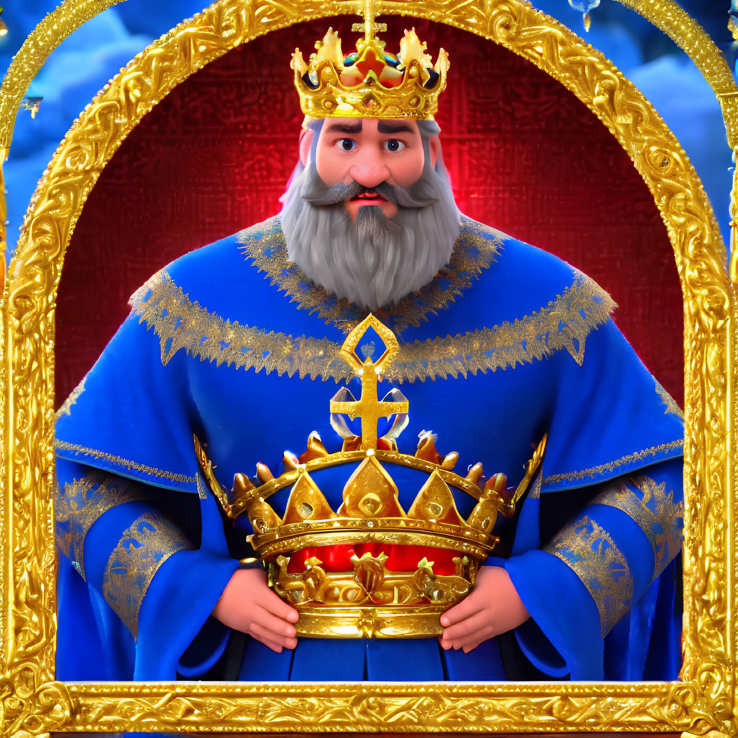 Cartoon king with bushy mustache in blue robe and golden crown under ornate arch